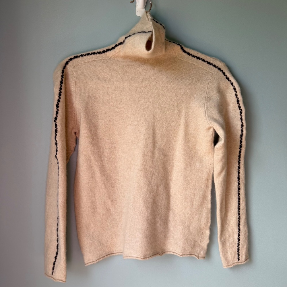 100% Cashmere Turtleneck Sweater Free Size Fits XS Oatmeal Contrast Stitch Knit